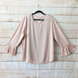 Chicos Size 3 (XL) Peach Tee 3/4 Frill Trim Sleeve Scoop Neck Stretchy Blouse